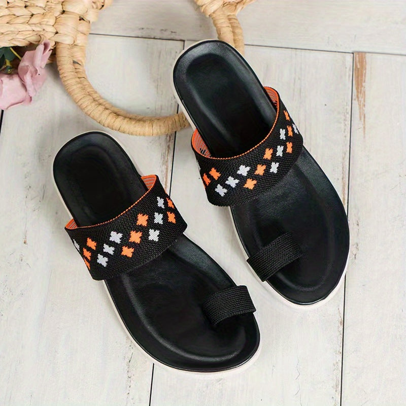 Women's Breathable Knit Slide Sandals Toe Loop Flat Casual Slip On Outdoor Shoes