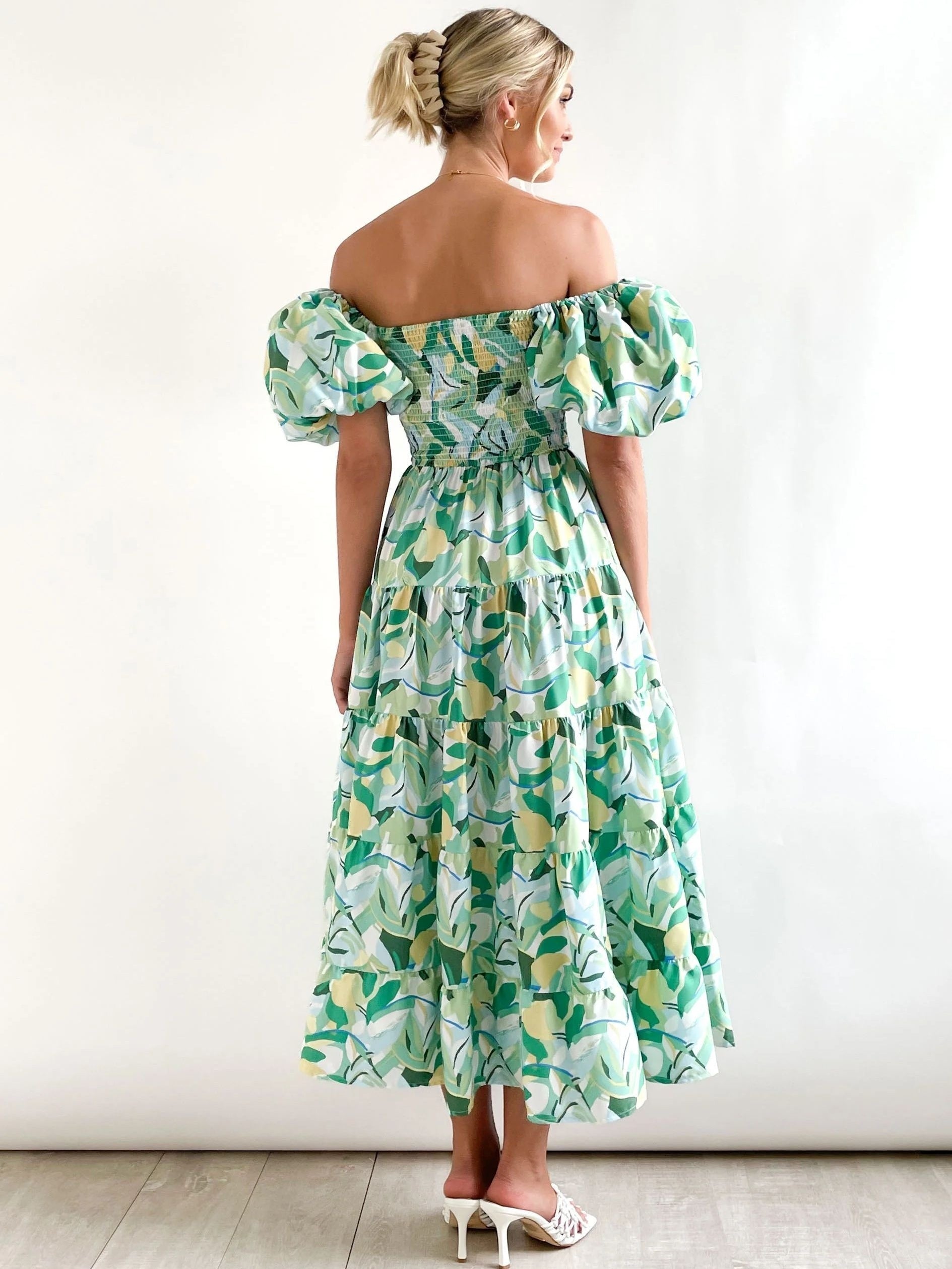 Floral Print Boho Maxi Dress Puff Sleeve Tiered