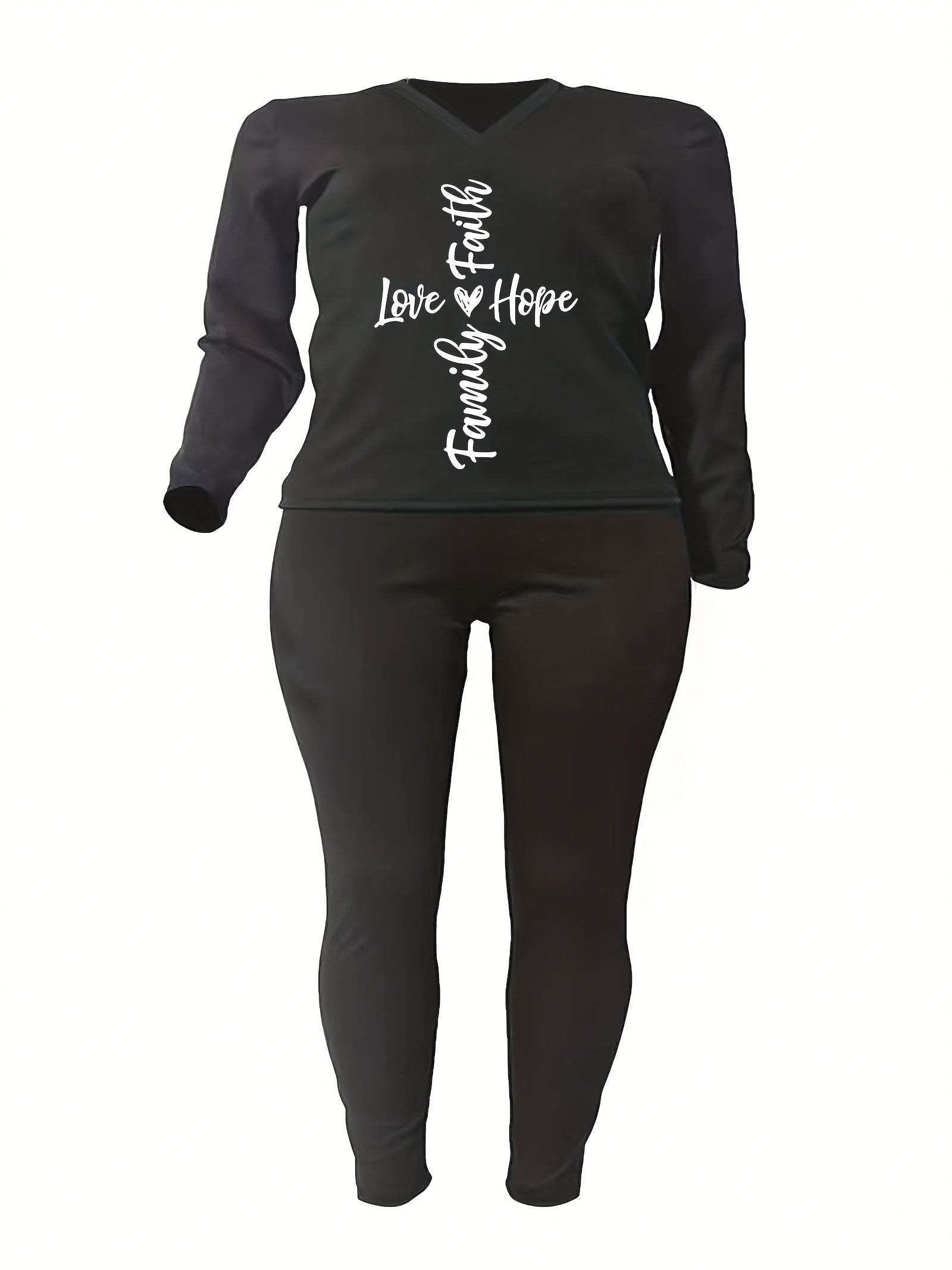 Women's Plus Letter & Heart Print Long Sleeve Top & Leggings Set