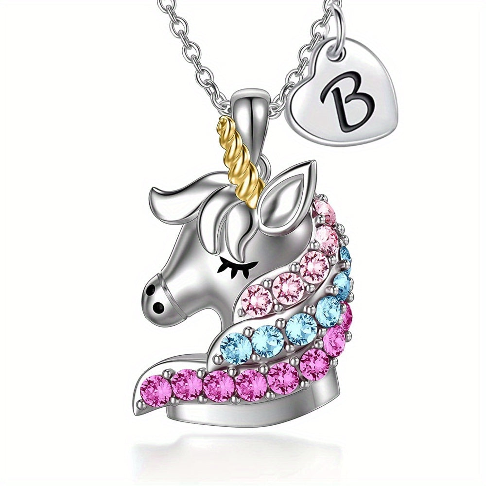 Cartoon Unicorn Letter Pendant Necklace for Girls