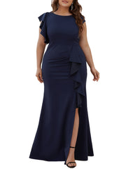 Bodycon Mermaid Maxi Dress Women's Plus Ruffle Sleeve Evening Dress
