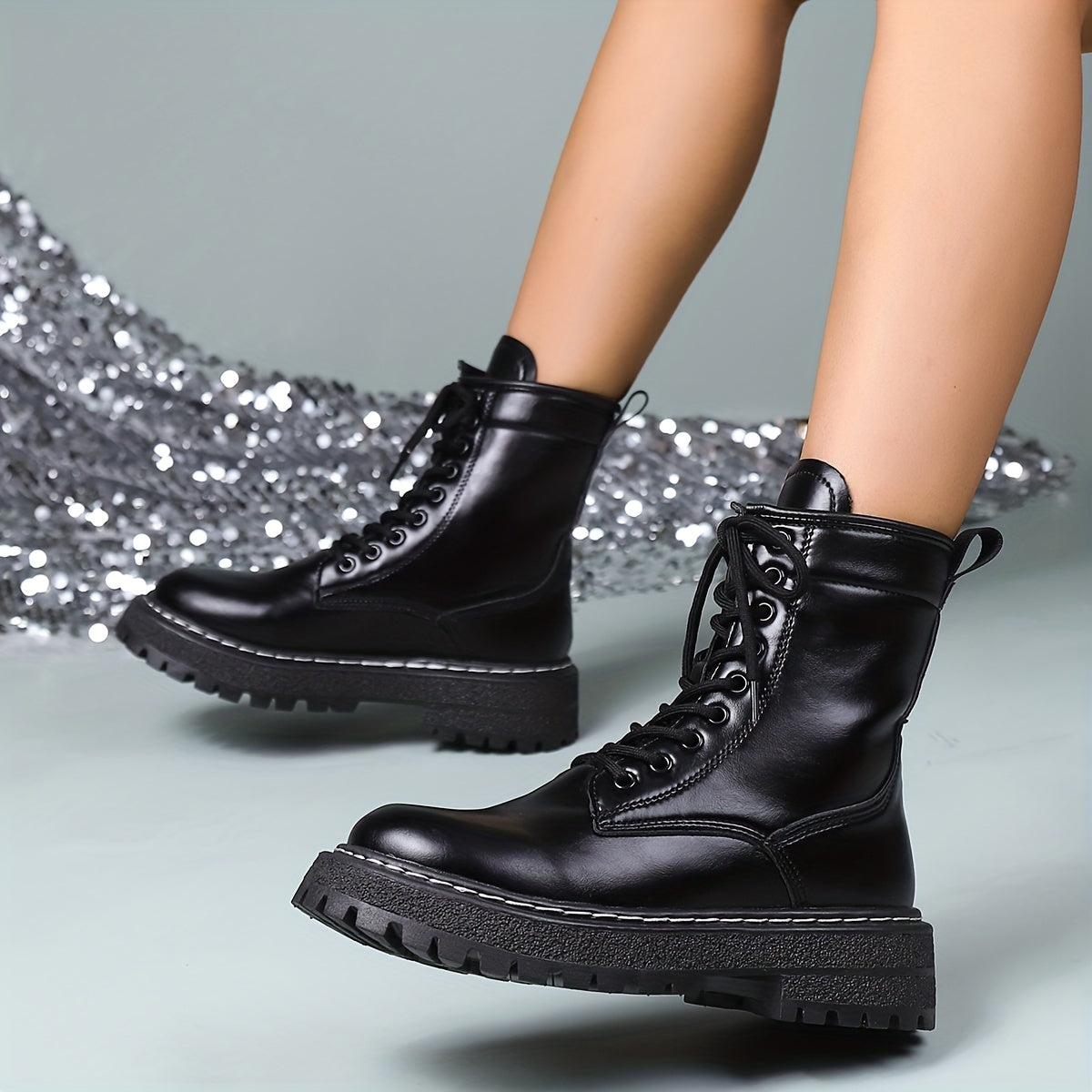 Women's Lace Up Platform Combat Boots High Round Toe Non slip
