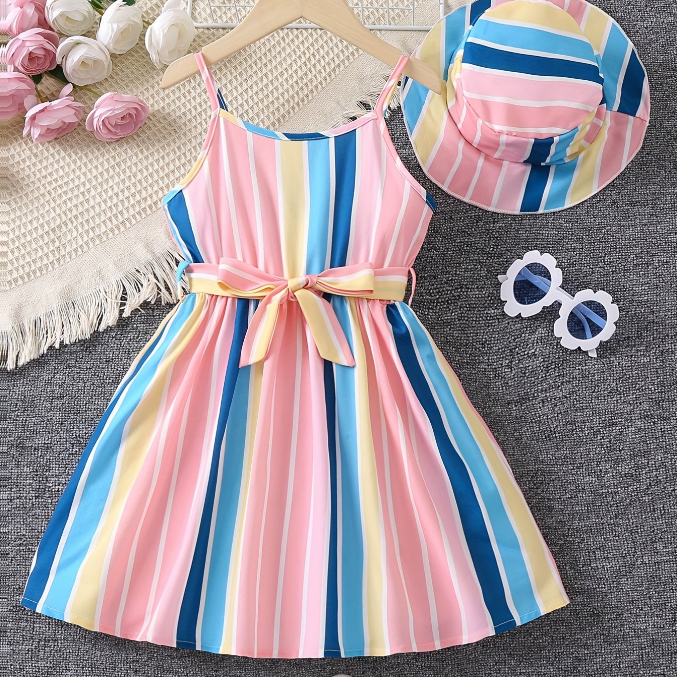2pcs Toddler Girls Rainbow Stripe Cami Dress & Hat Set for Summer