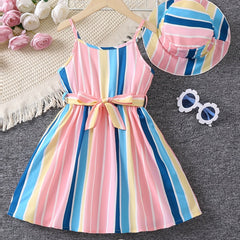 2pcs Toddler Girls Rainbow Stripe Cami Dress & Hat Set for Summer