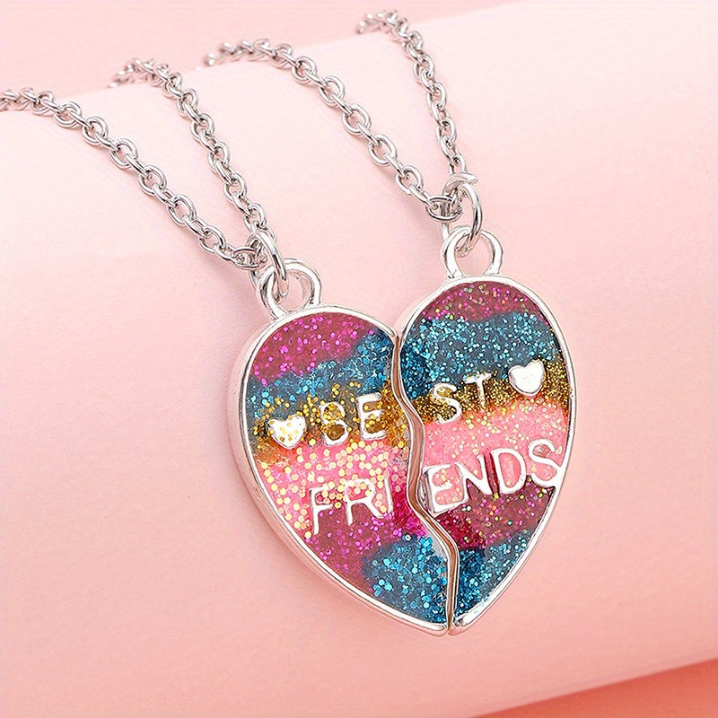 2pcs Girls Rainbow Glitter Heart Pendant Necklace Set