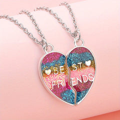 2pcs Girls Rainbow Glitter Heart Pendant Necklace Set