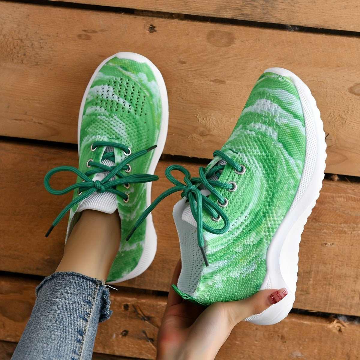 Women's Lace Up Knit Running Shoes Non slip Weaving Sneakers