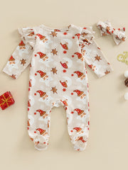 Christmas Baby Girls Hat Print Jumpsuit Set
