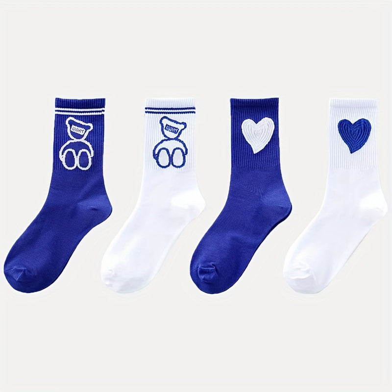 Men's Cartoon Love Heart Bear Crew Socks Breathable Comfy Casual Unisex Socks