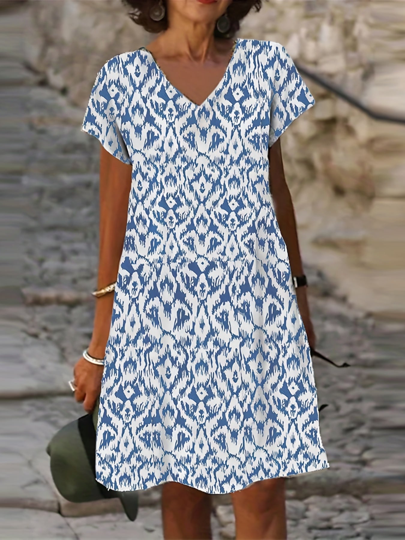 Ikat Print V Neck Stretch Dress