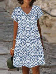 Ikat Print V Neck Stretch Dress