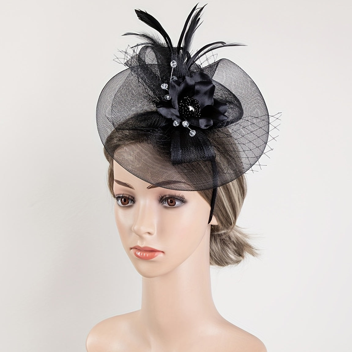 Mesh Flower Feather Fascinator Headpiece Tea Party Wedding Hat with Headband