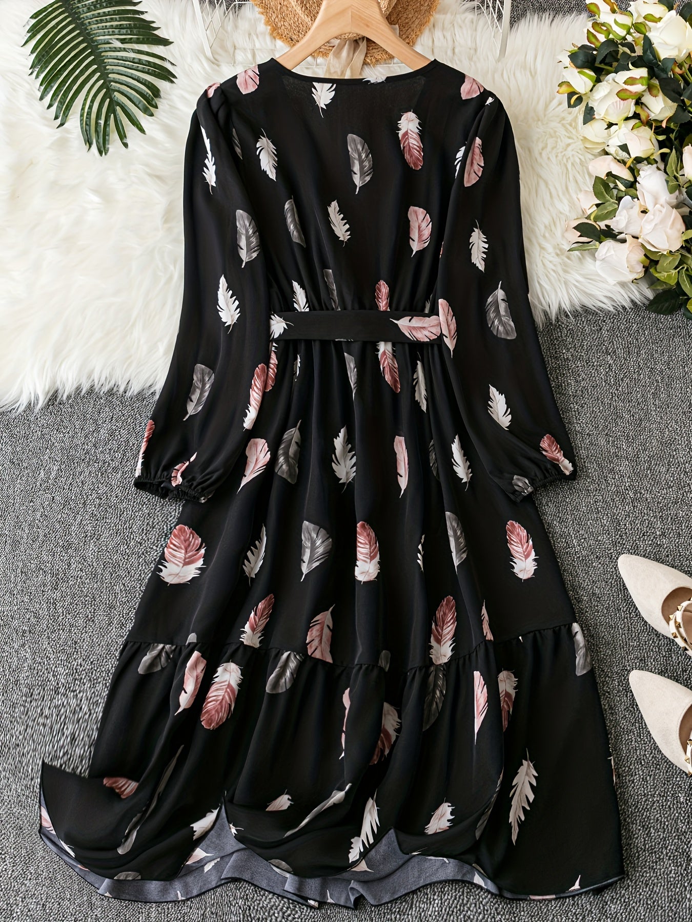 Feather Print Lantern Sleeve Maxi Dress Belt