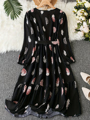 Feather Print Lantern Sleeve Maxi Dress Belt