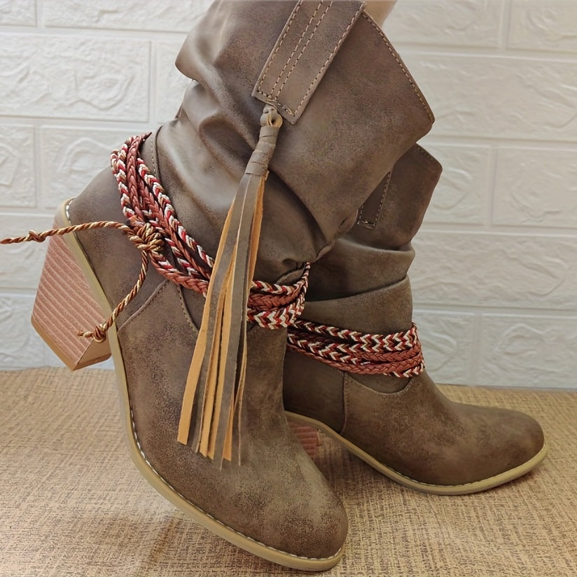 Women's Tassel Western Boots Straw Woven Chunky Heel Cowboy Shoes