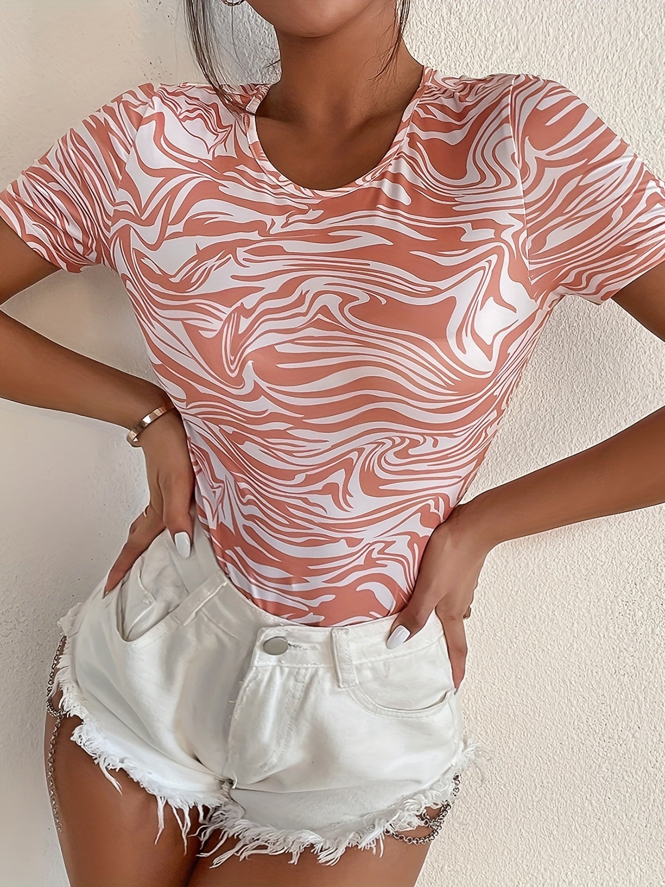 Boho Print Crew Neck Bodysuit for Women