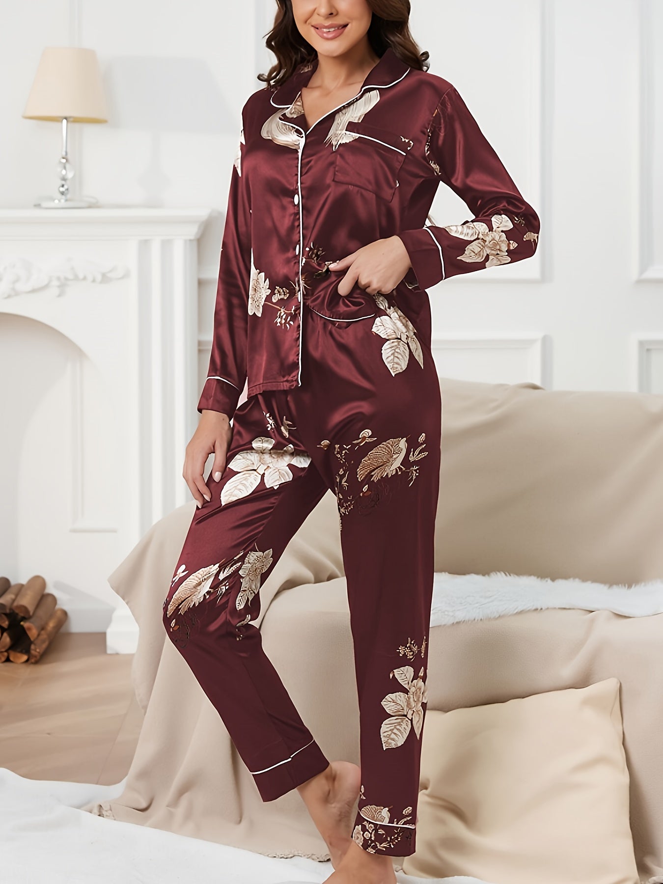 Floral Pajama Set Long Sleeve Top & Pants