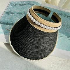 Faux Pearl Decor Visor Hat Solid UV Protection Straw Sun Hat