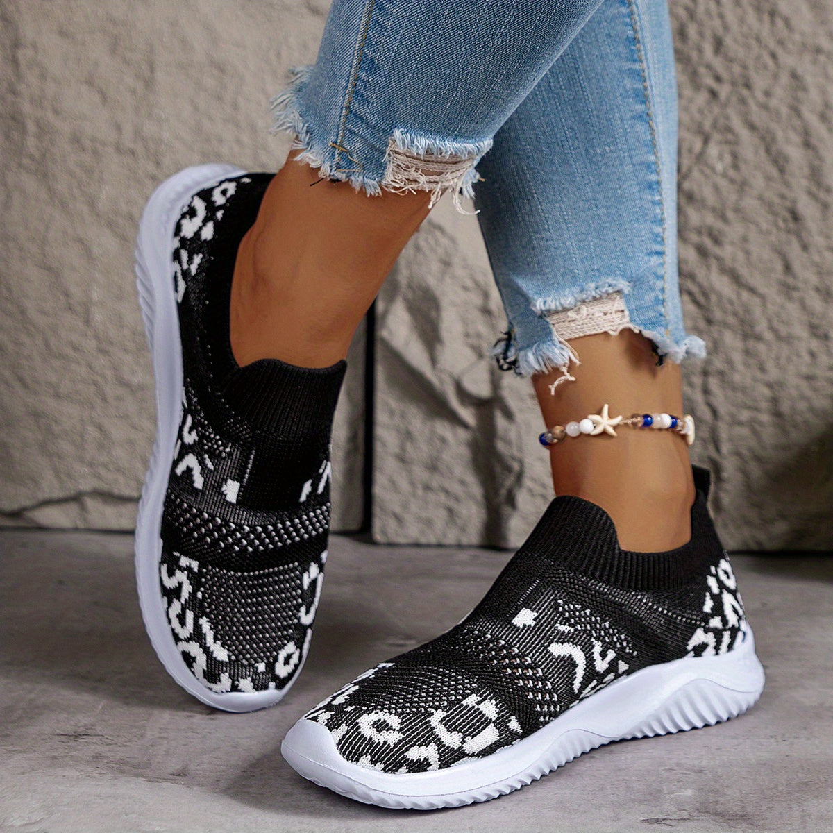Leopard Print Slip on Walking Shoes Soft Sole Knit Casual Sneakers