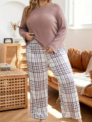Ribbed Knit Top & Plaid Print Pants Pajamas Set