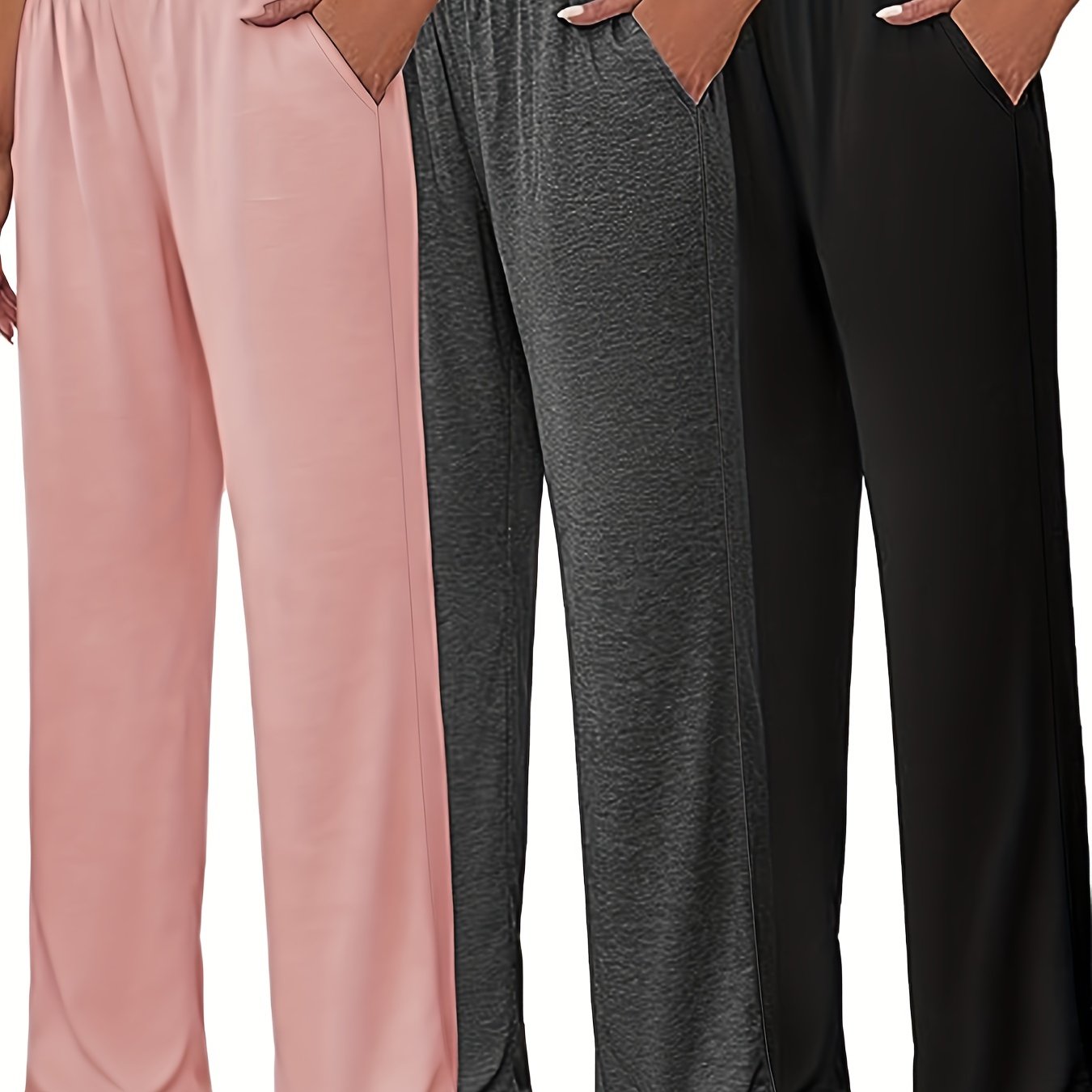 3 Pack Plus Size Sports Pants High Rise Wide Leg Trousers With Pockets