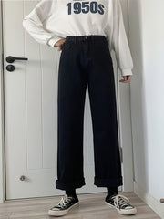 Solid Loose High Rise Denim Pants Wide Leg Jeans