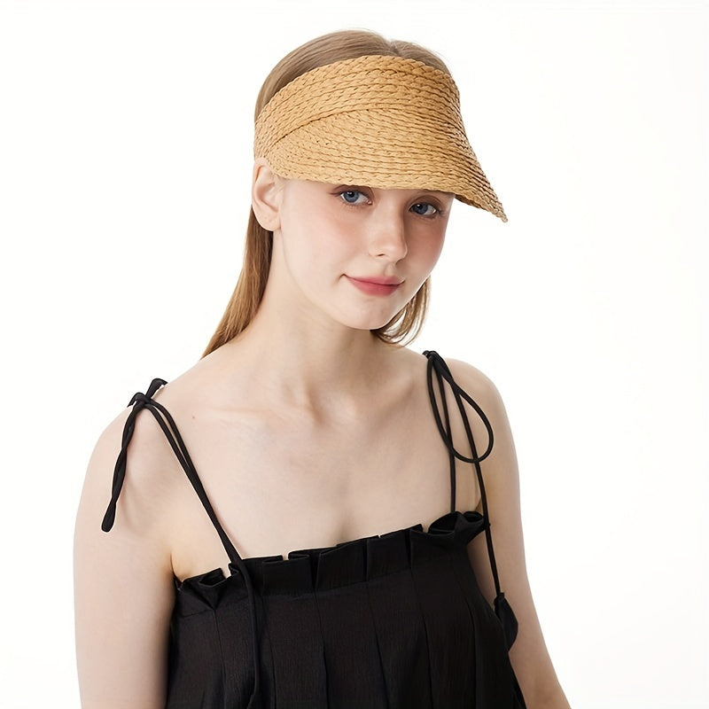 Solid Straw Visor Lightweight Sun Hat Women UV Protection Foldable Beach Hat