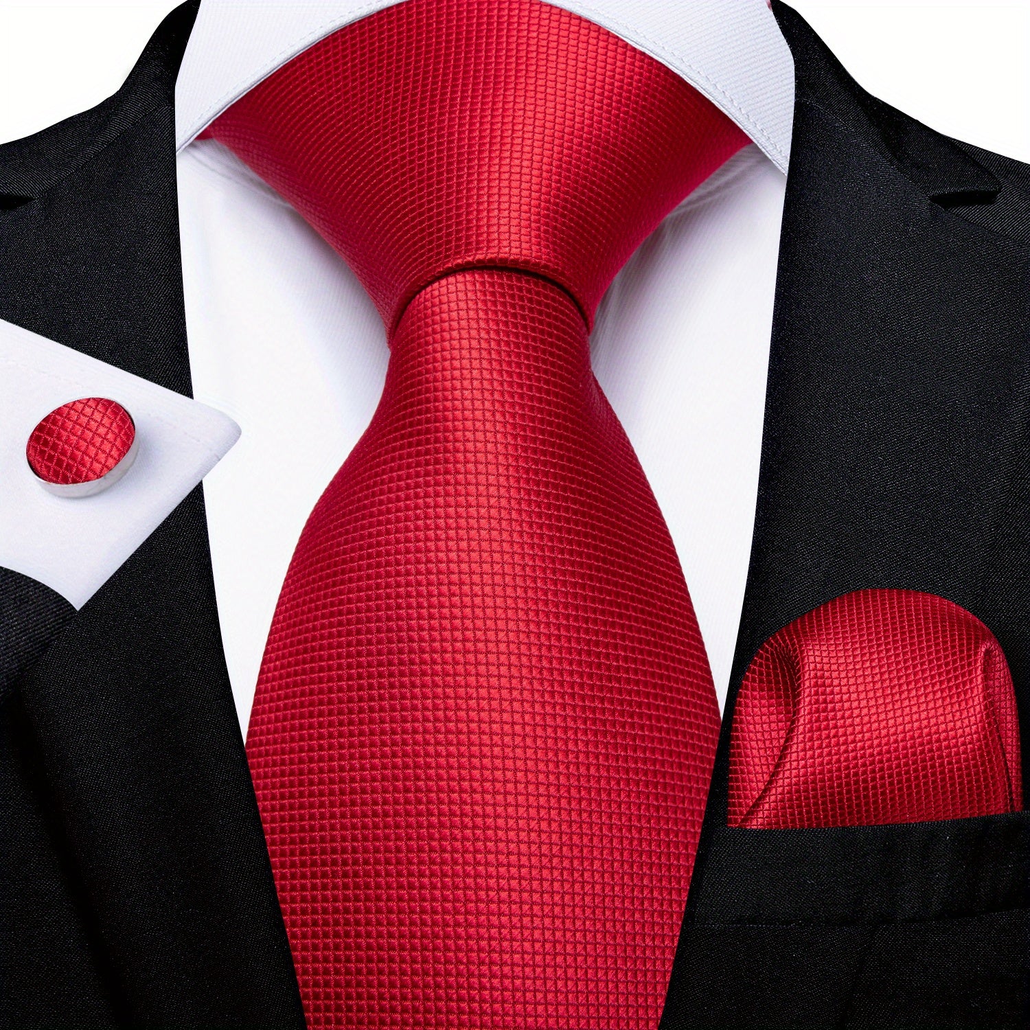 3pcs Mens Tie Wedding Business Red Necktie Hanky Cufflinks Jacquard Necktie