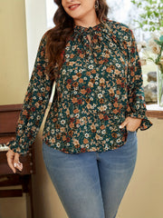 Ditsy Print Long Sleeve V Neck Keyhole Tie Top