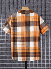 Boys Plaid Patched Short Sleeve Lapel Shirt