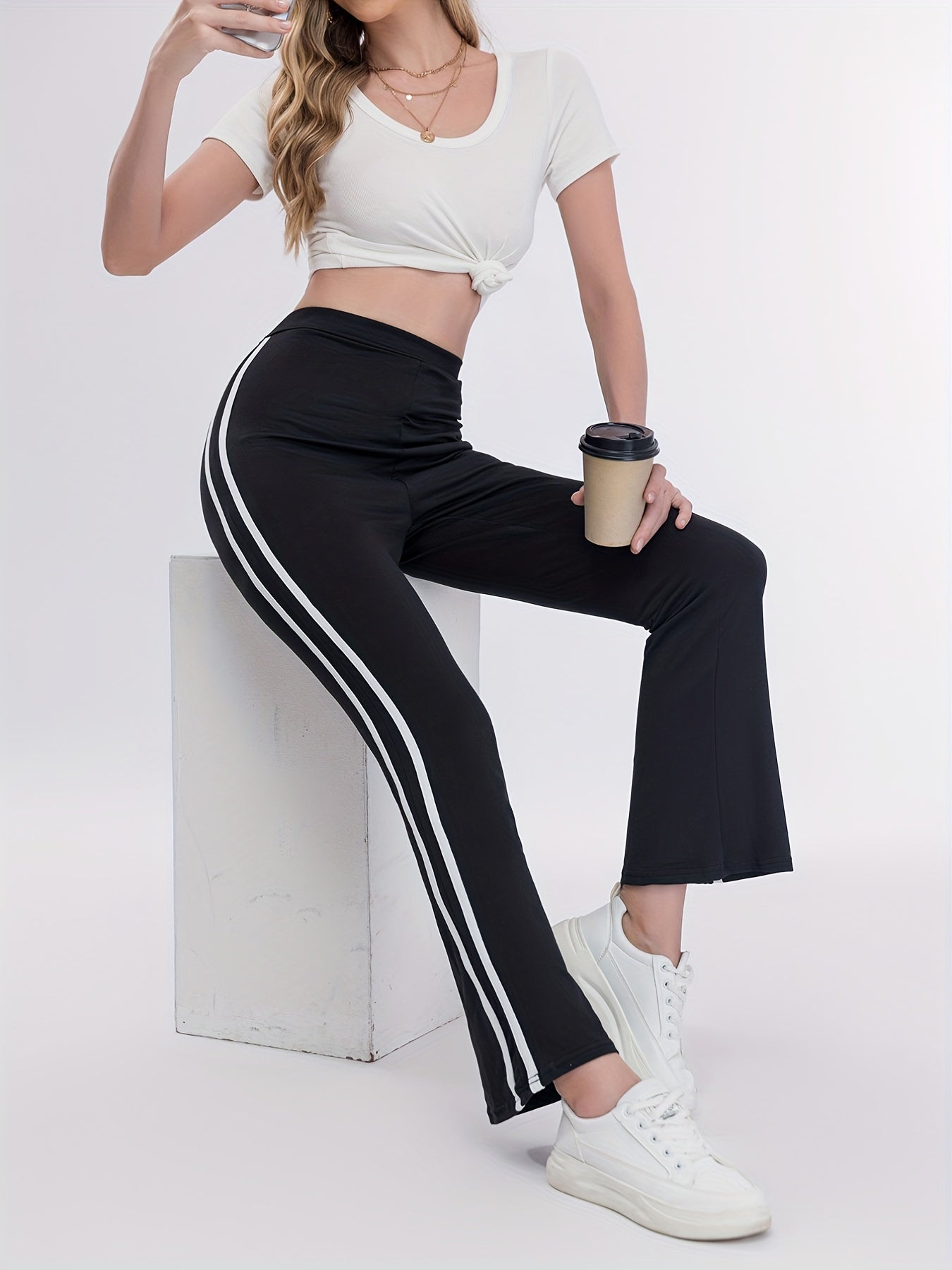 Striped Print Flared Leg Pants Casual High Waist Long Length Pants