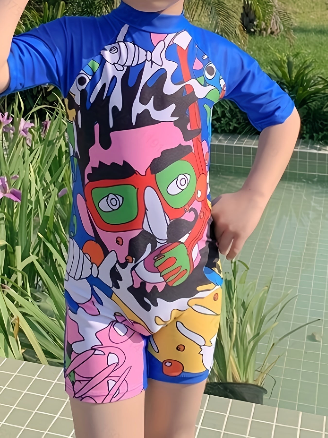 Abstract Art Printed Short Sleeve Swimsuit for Boys