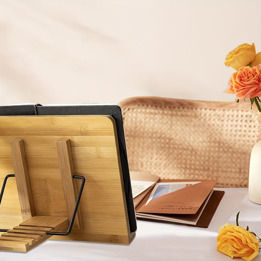Bamboo Book Stand Adjustable Holder Tray Page Clips Cookbook Reading Desk