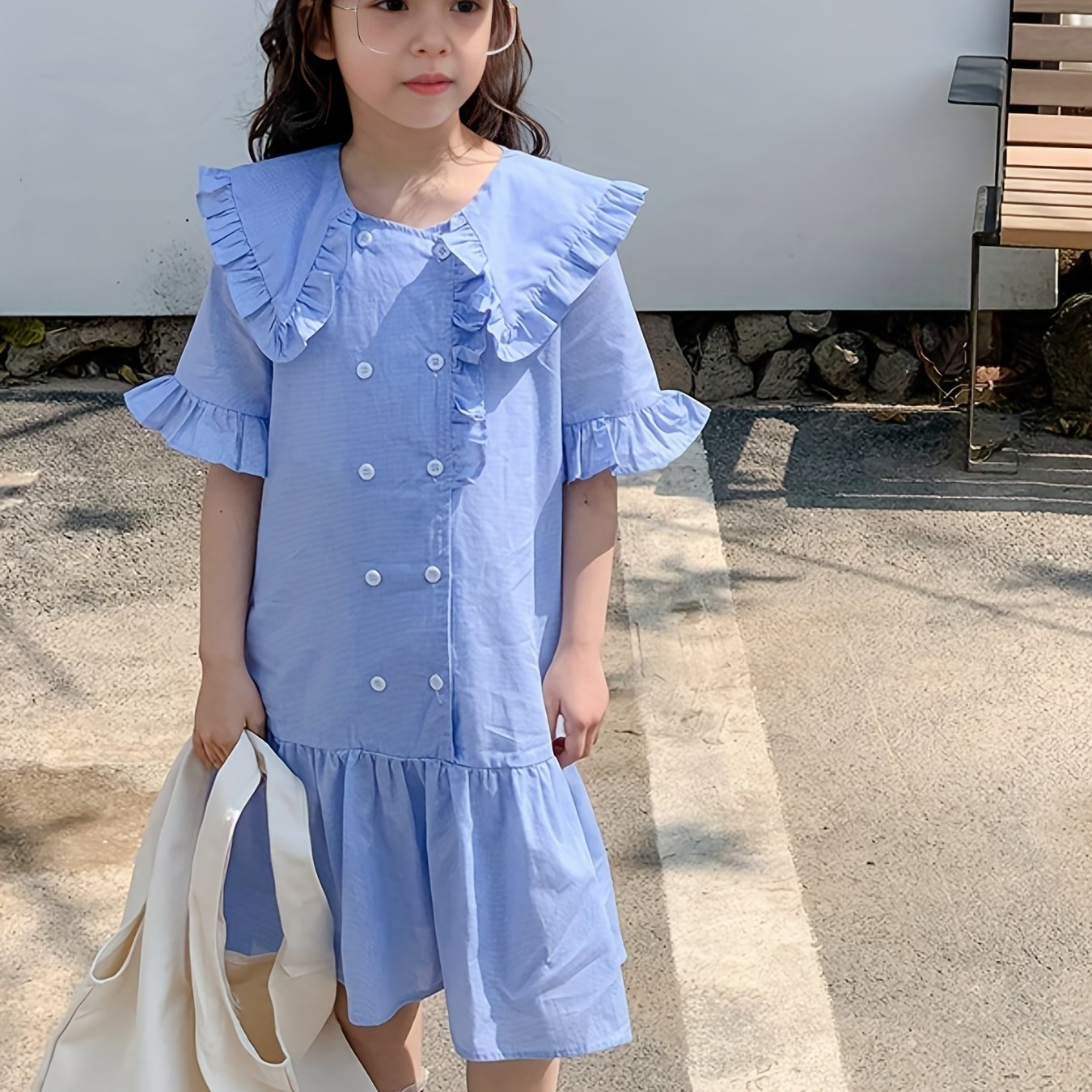 Girl's Cotton One piece Dress Button Decor Short Sleeve Crew Neck Dress