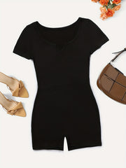 Notched Neck Slim Romper Jumpsuit Short Sleeve Casual