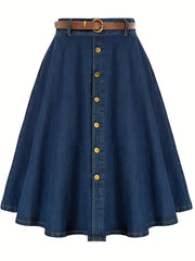 Retro Denim Skirt Button Front High Waist Midi Skirt With Pockets