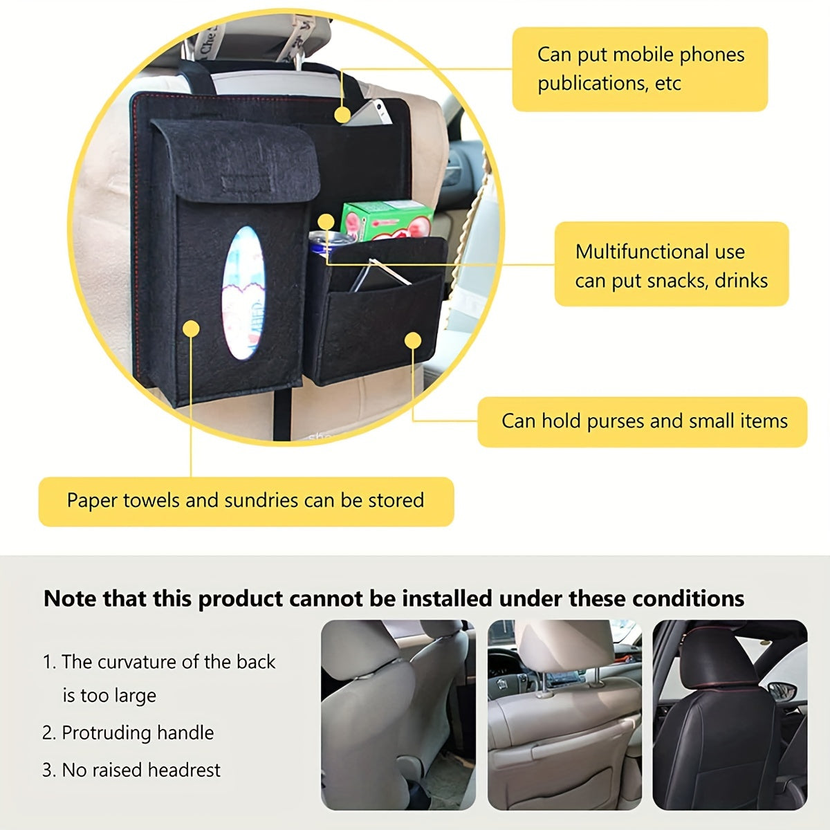 Felt Car Seat Back Hanging Bag Storage Organizer with Tissue Box