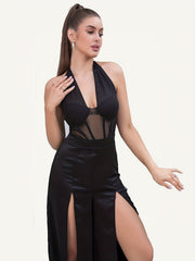 Contrast Mesh Split Halter Jumpsuit Backless Sexy Jumpsuit