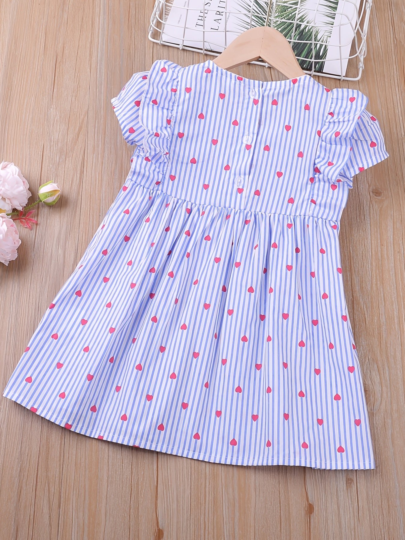 Toddler Girls Puff Sleeve Ruffle Trim Stripe Heart Graphic Princess Dress