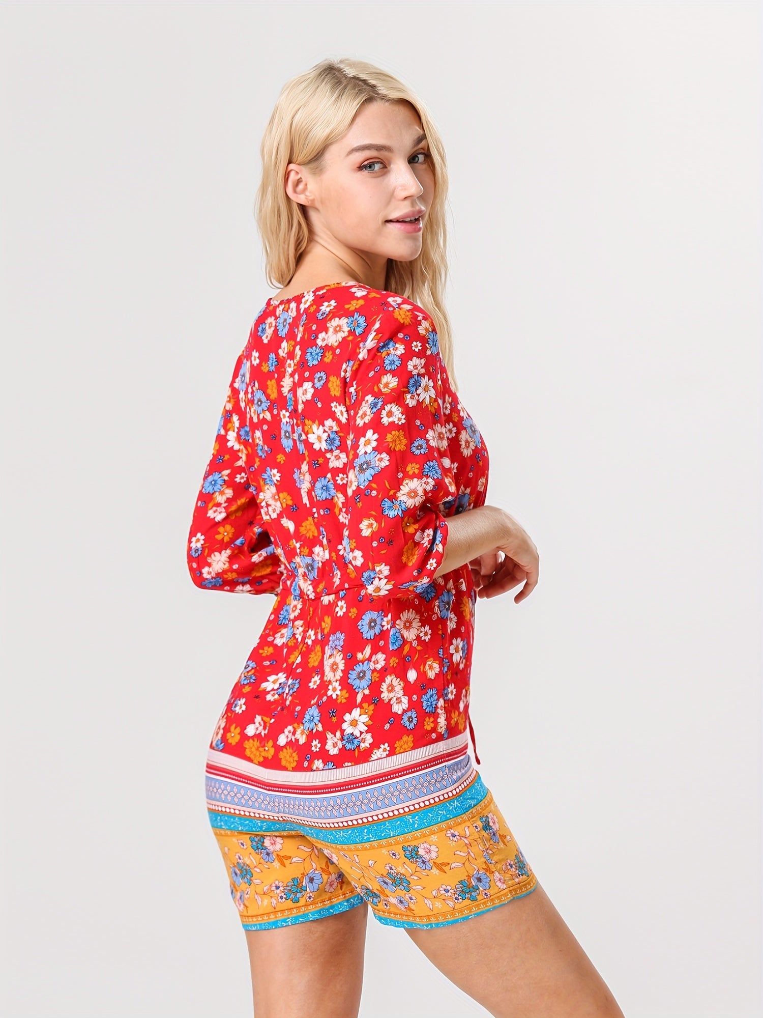Floral Print Drawstring Waist Romper Jumpsuit Casual Half Sleeve Button Romper