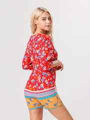 Floral Print Drawstring Waist Romper Jumpsuit Casual Half Sleeve Button Romper