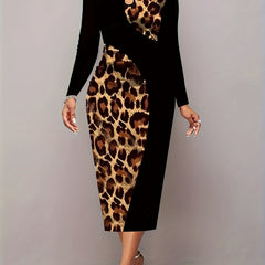 Colorblock Leopard Print Cut Out Long Sleeve Midi Dress