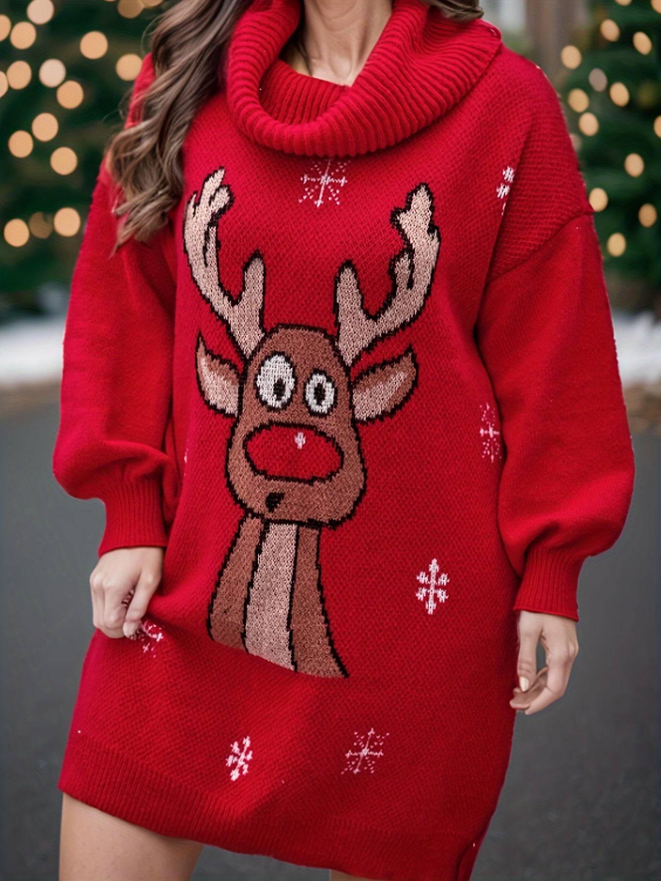 Women's Plus Reindeer & Snowflake Lantern Sleeve Turtleneck Sweater Dress