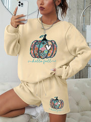 Women's Plus Pumpkin Sweatshirt & Shorts Halloween Set