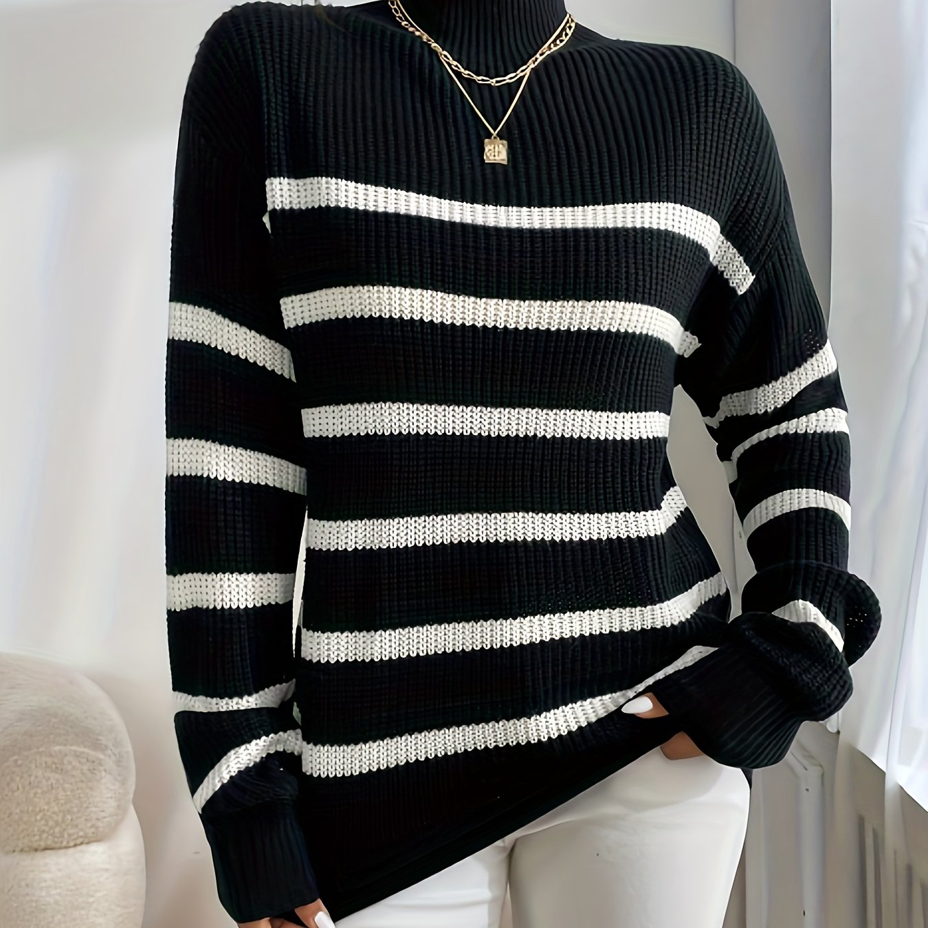 Striped Mock Neck Pullover Sweater for Women