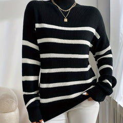 Striped Mock Neck Pullover Sweater for Women