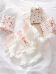 4pcs Girls Triangle Panties Floral Print Lace Elastic Waist Soft Comfort