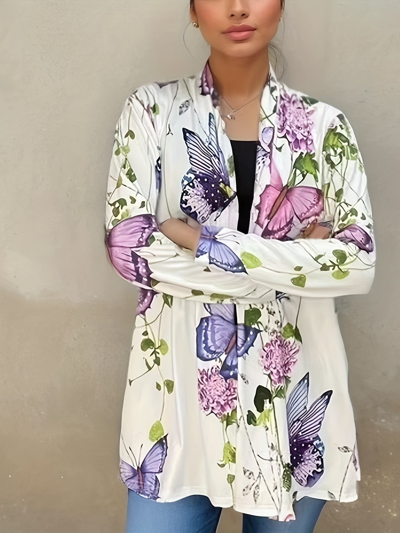 Butterfly Print Open Front Cardigan Long Sleeve Knit Outwear