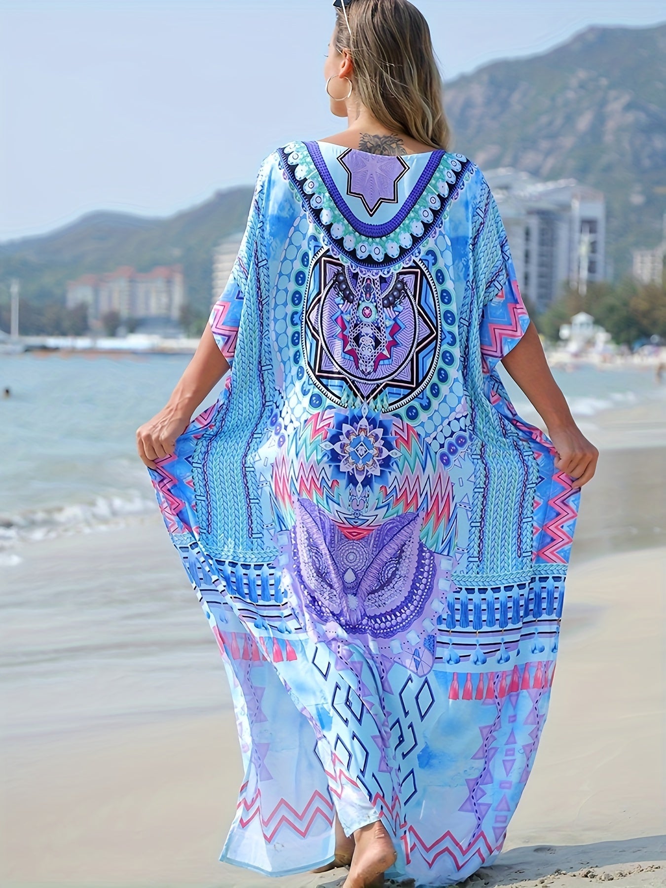 Boho Cover Up Women's Plus Geo Print Kaftan