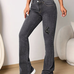 Grey Flared Legs Denim Jeans Bell Bottom High Stretch